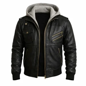 Men’s Black Leather Bomber Jacket Removable Hooded