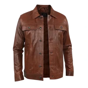 Mens Brown Shiny Stylish Collar Style Leather Jacket