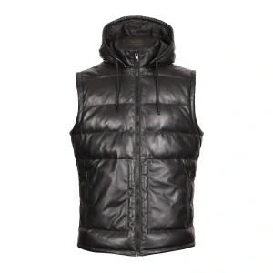 Men's Hooded Leather Puffer Vest