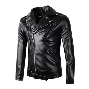 New Mens Causal Belted Design Slim Pu Leather Biker Zipper Jacket Coat