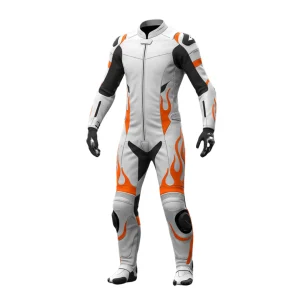White & Orange Leather Motorcycle Suit